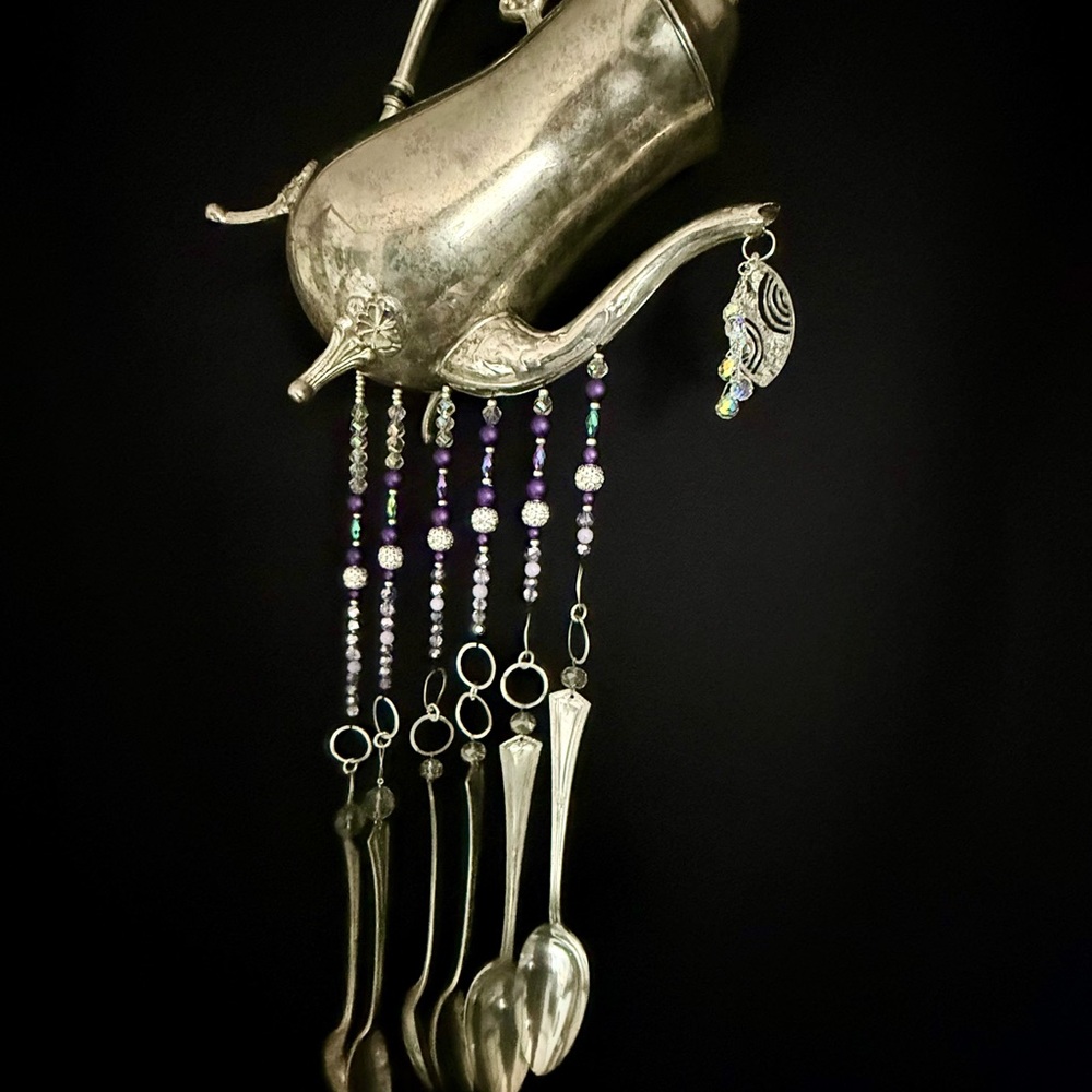 Silver Teapot Wind Chime with Purple Beads